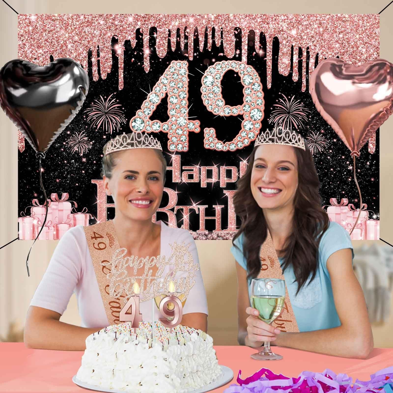 49th Birthday Decorations Set – 49pcs Black & Rose Gold Banner, Sash, Cake Toppe