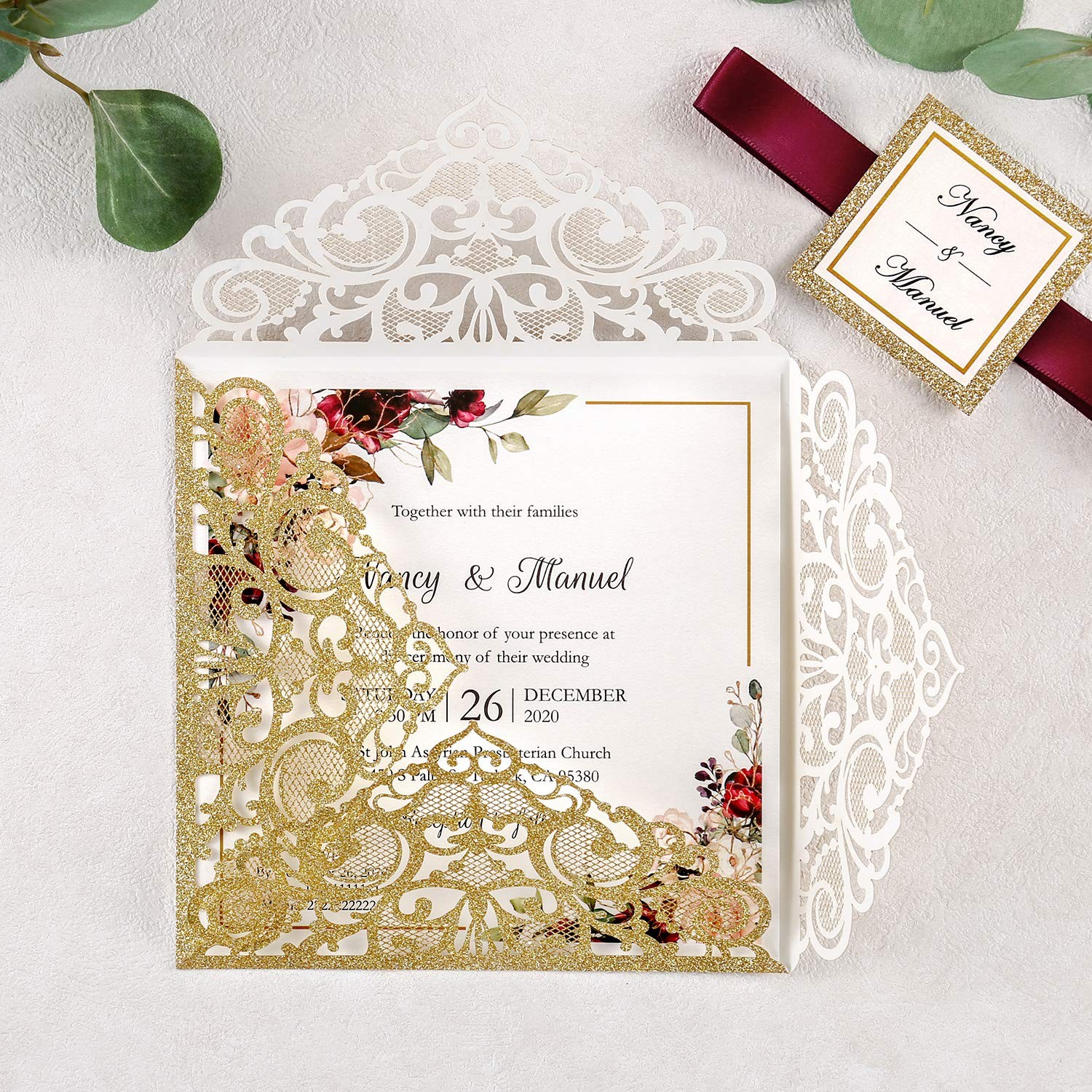 Dreambuilt 6.3 X 6.3 Inch 50Pcs Blank Dark Gold Glitter Laser Cut Wedding