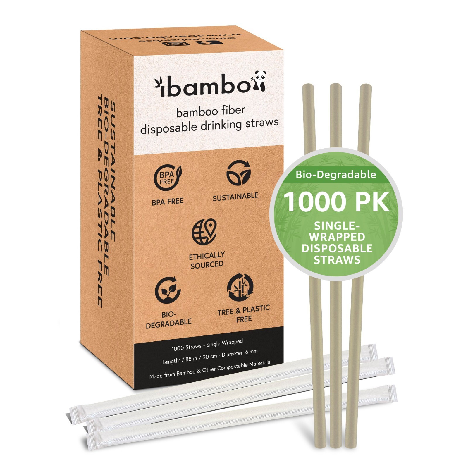 Ibambo Bamboo Disposable Straws – 1000 Pack, Single Wrapped Compostable Straws