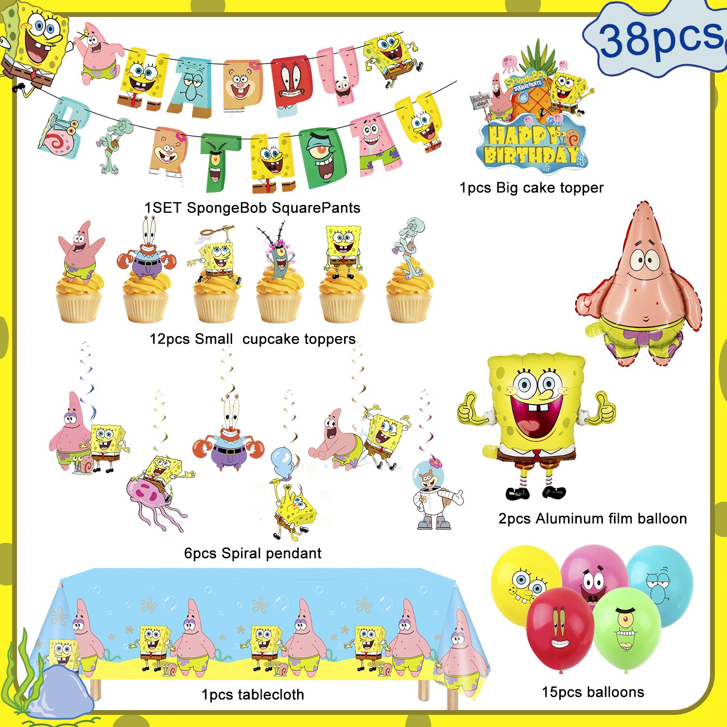 SpongeBob Party Decorations SpongeBob Birthday Supply Cake Topper Banner Balloon