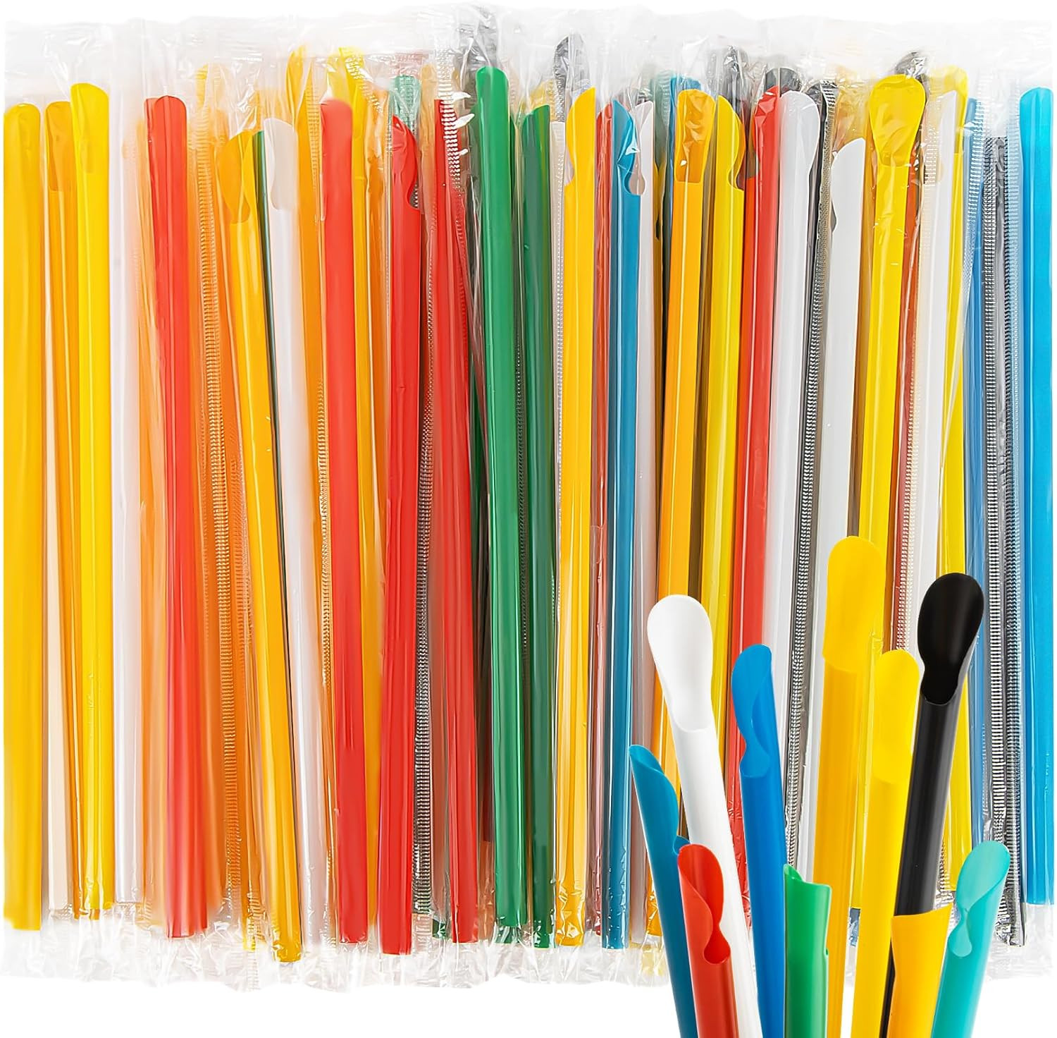 60PCS Snow Cone Spoon Straws Colorful Disposable Wrapped Straws for Smoothies