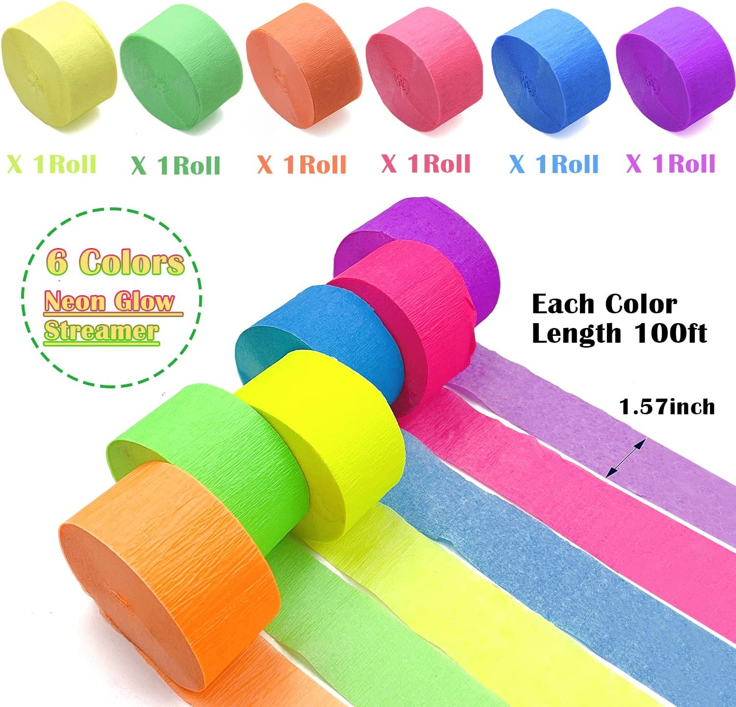 600 Feet Glow Crepe Paper Streamers UV Glow Party Neon Streamer Decorations Glow