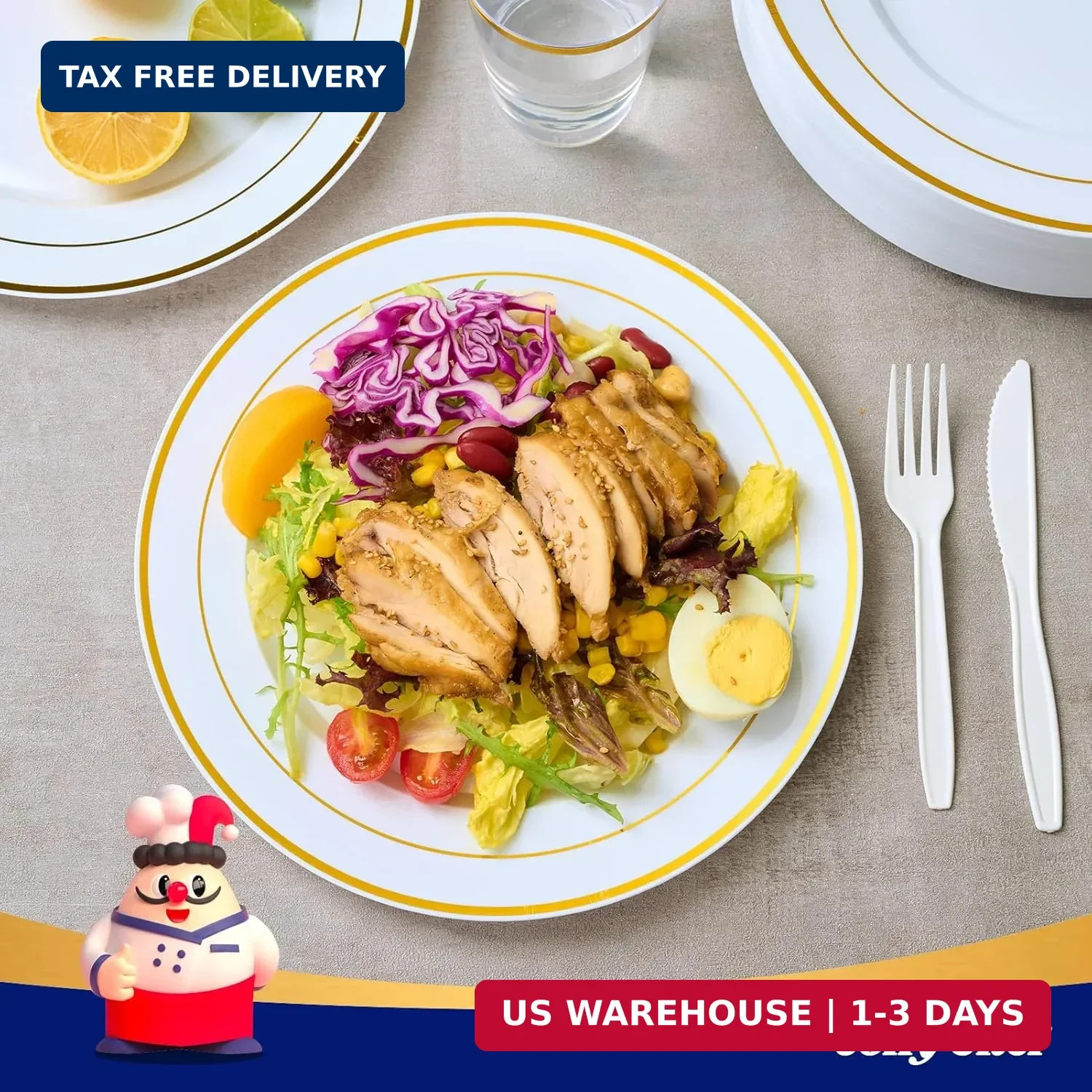 JOLLY CHEF 100 Pieces Gold Plastic Plates, 10 Inch Elegant Disposable Dinner Whi