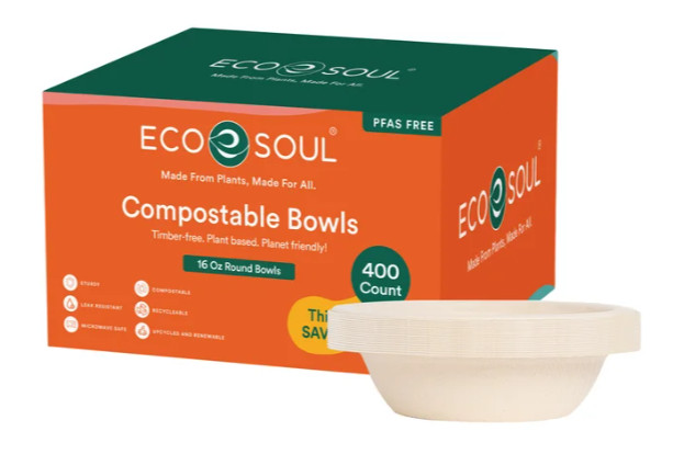 EcoSoul Compostable 16 oz Bowls Disposable Eco Friendly 400 Count Bulk Pack