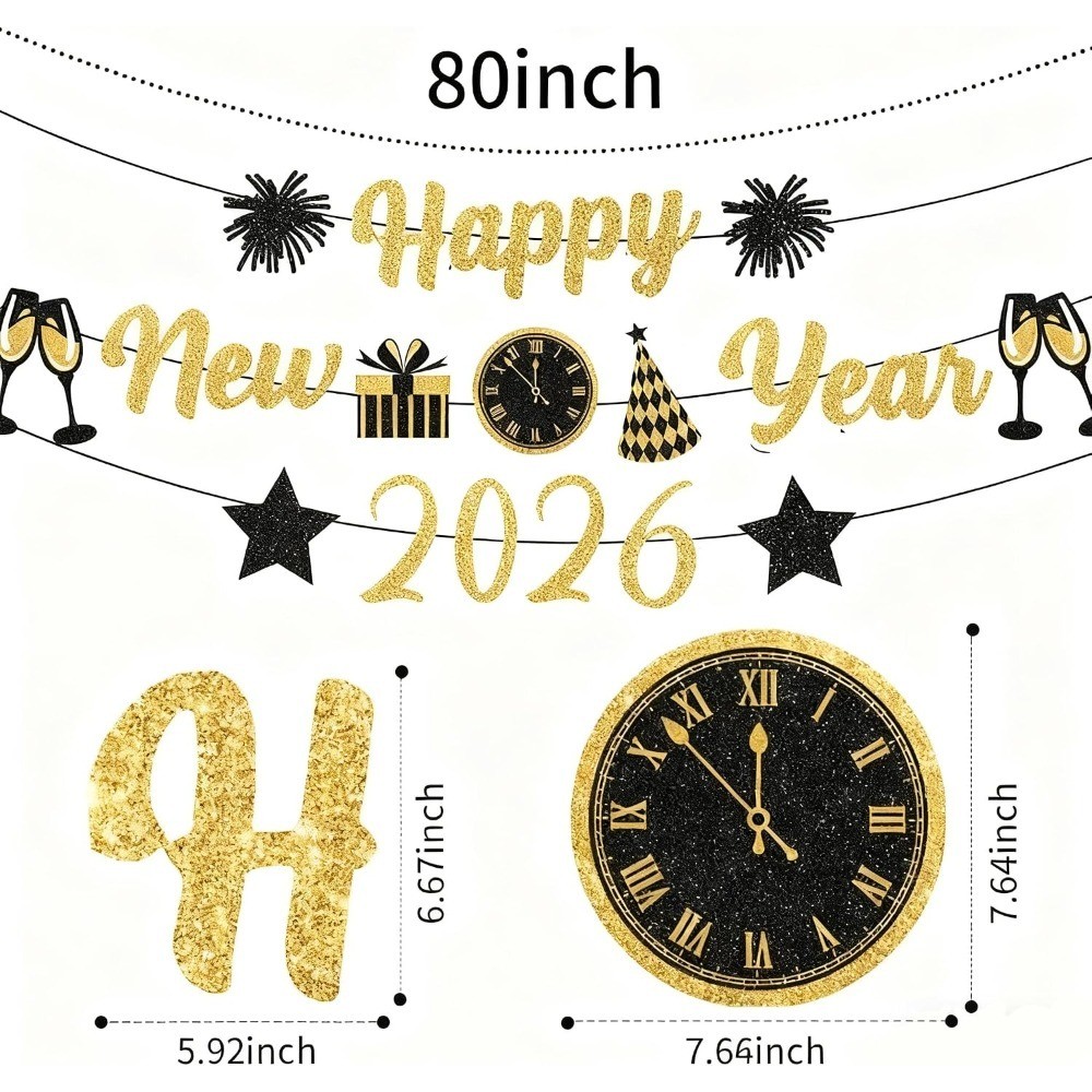 Gold Black New Years Decorations 2026 Glitter Banner New Years Eve Party