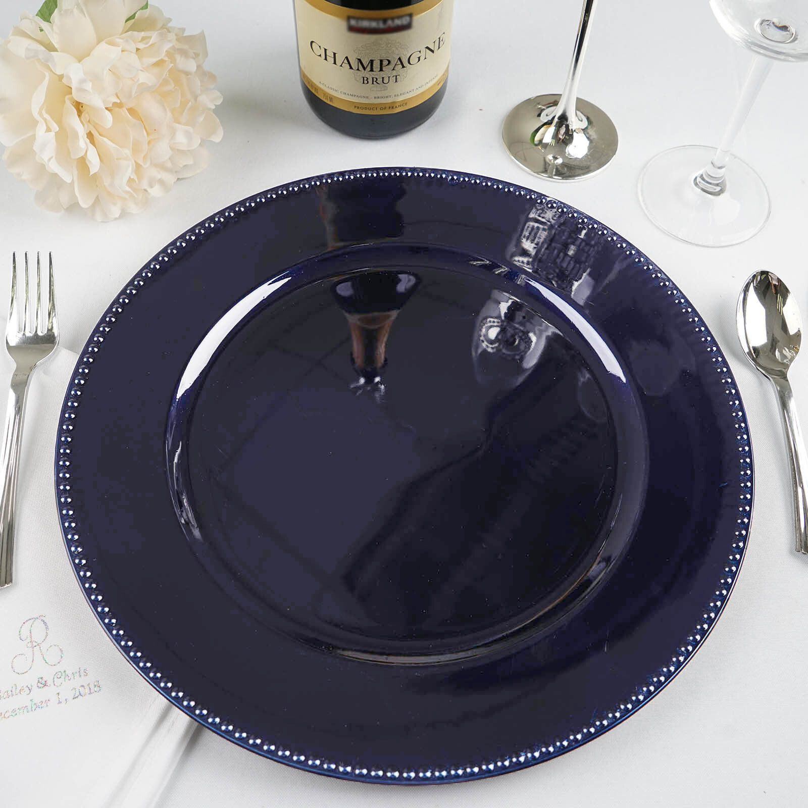 6 pcs 13″ Navy Blue BEADED Round CHARGER PLATES Wedding Dinner Supplies