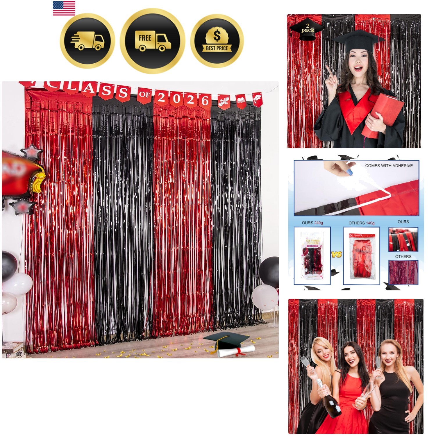 Graduation Party Decoration, 2 Pack Red and Black 3.3×6.6 ft Foil Fringe Curt…