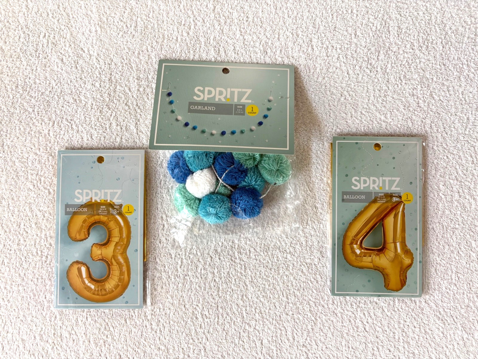 Spritz Lot of 3 Party Supplies Blue 5Ft. Garland / # 3, # 4 Tall Gold Balloons