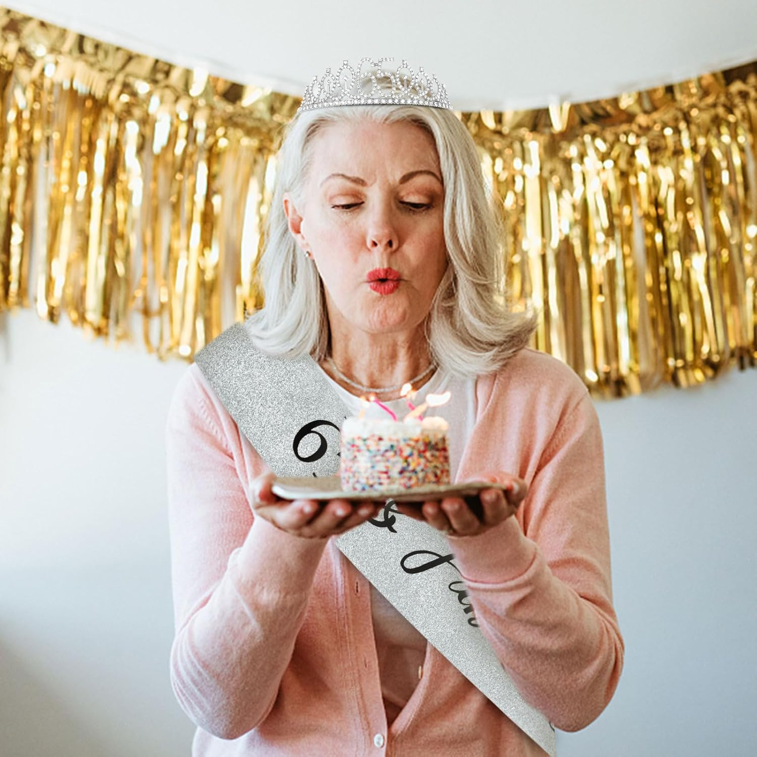 65th Birthday Crown and Sash Set Rhinestone Tiara Party Decorations Women Kit