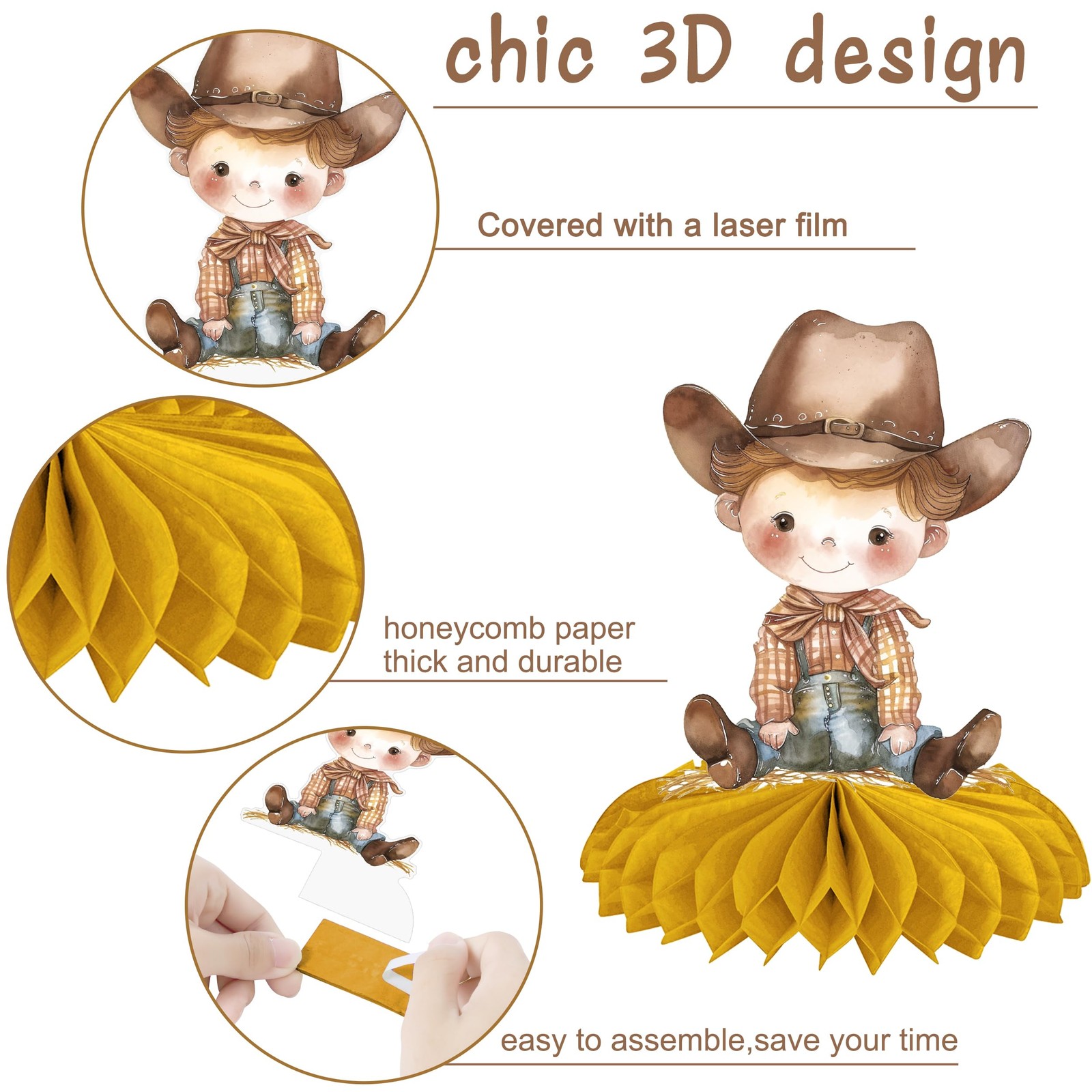 10 PCS Western Cowboy Theme Honeycomb Centerpieces Baby Shower Rodeo Party