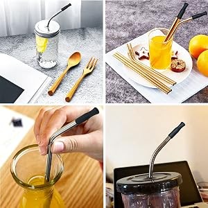 21Pcs Reusable Silicone Straw Tips, Stainless Straw Tips, Black Food Grade