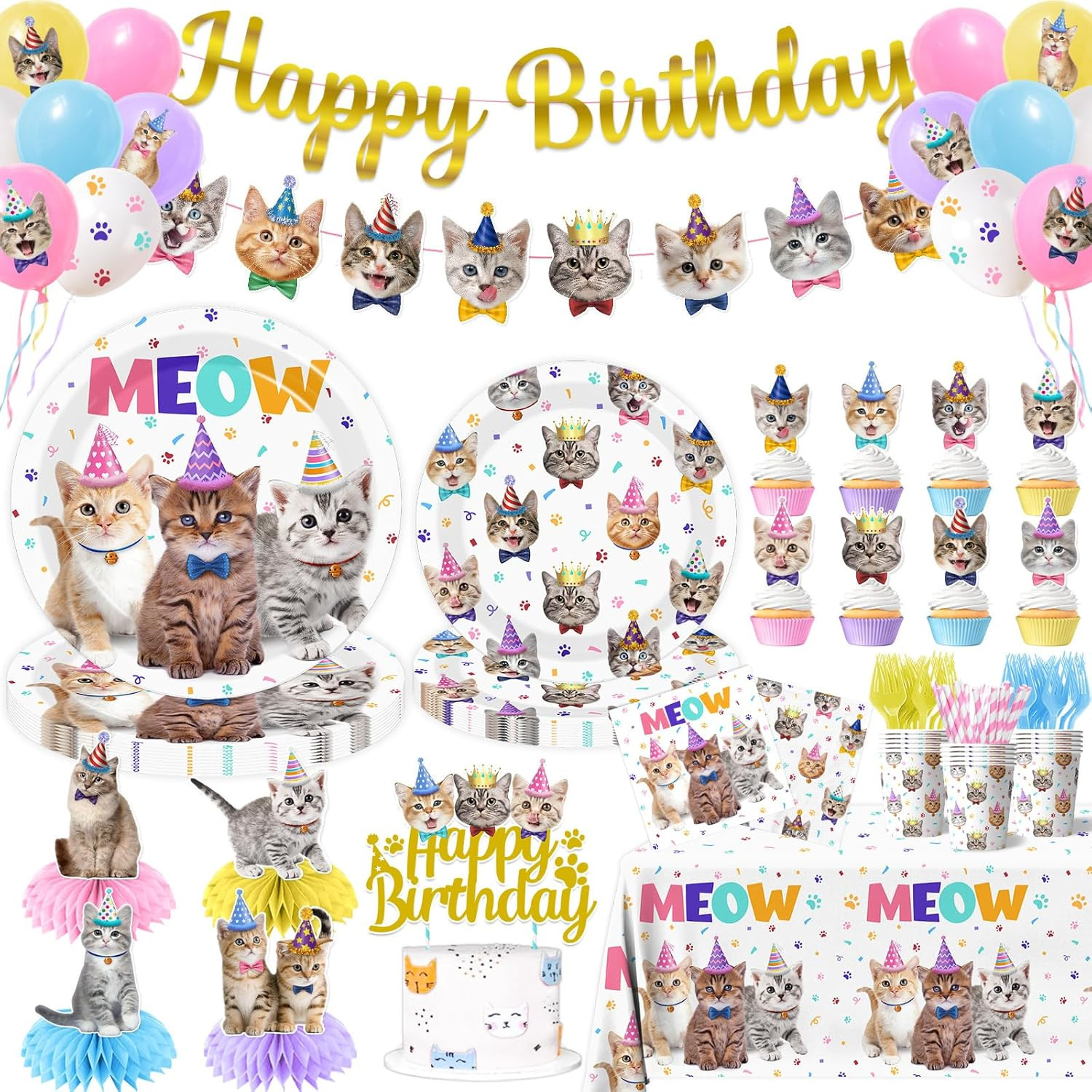 Cat Birthday Decorations,189Pcs Cat Party Decorations Cat Birthday Plates and Na