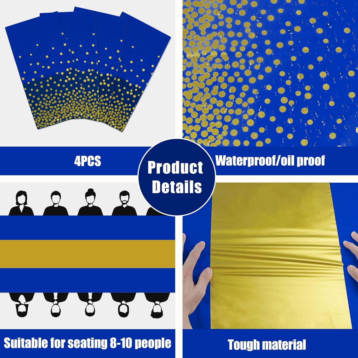4pc Disposable Plastic Table Cloths for Parties, Royal Blue & Gold Table Covers