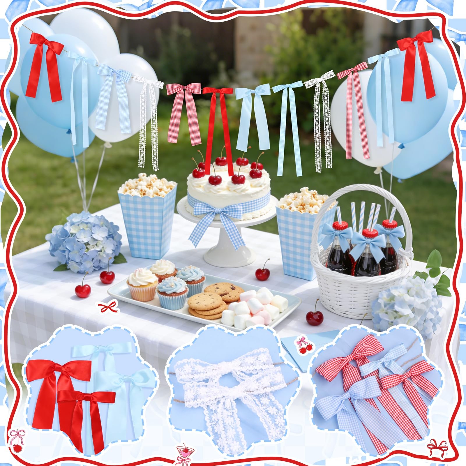 Cherry Blue Gingham Bow Garland, White Lace and Red Blue Gingham Bow Garland Ri