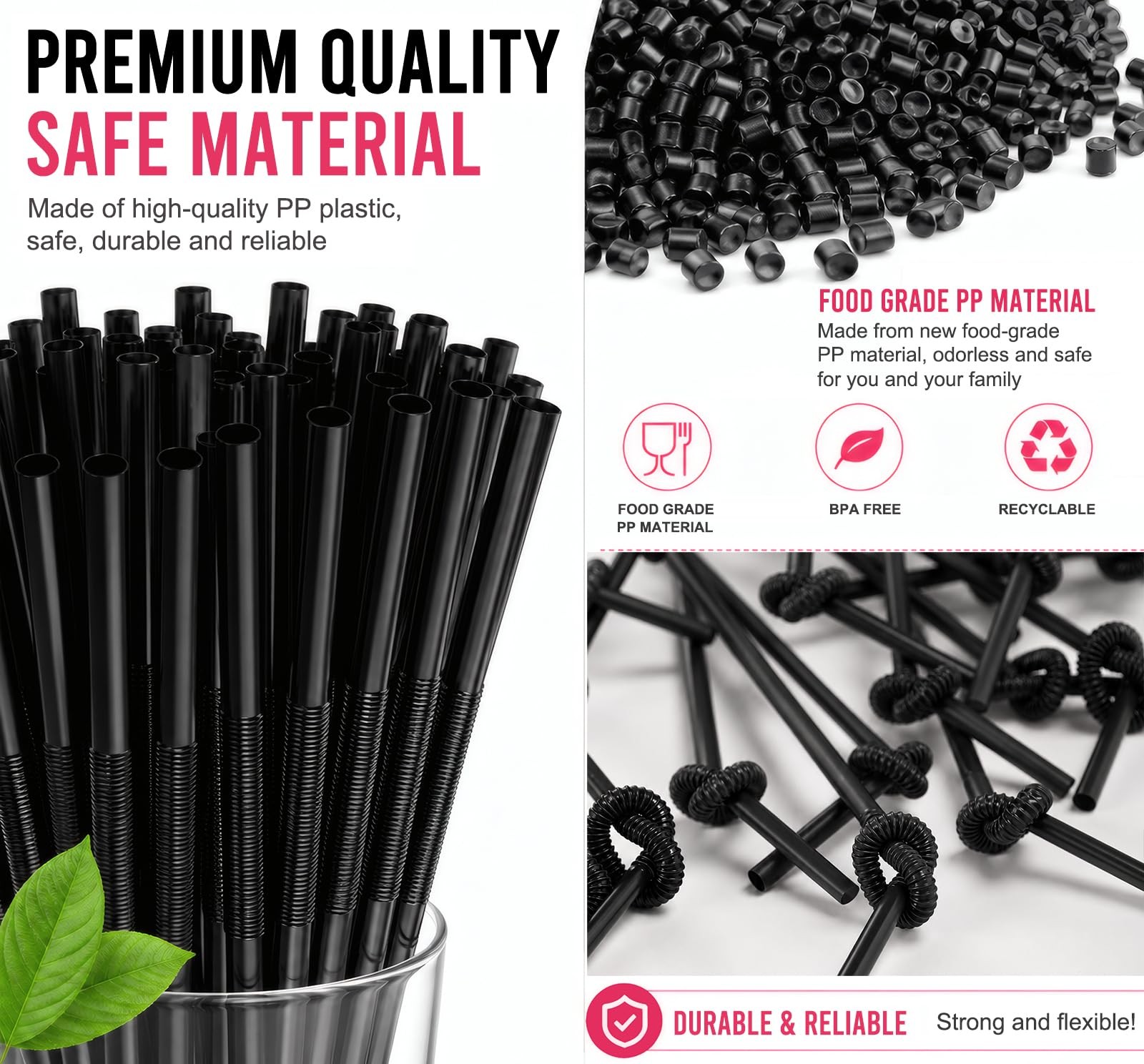 ALINK 200 PCS Black Flexible Plastic Straws, 10.23″ Long Stretch to 13″, 0.24″ D