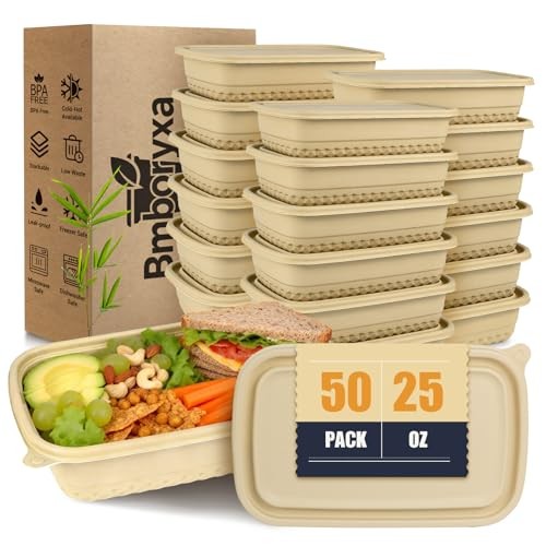 50Pack Meal Prep Containers Reusable with Lids, 25oz Bamboo-Powder Food