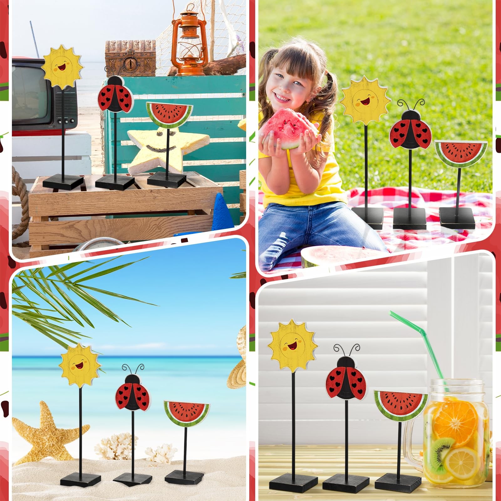 3 Pcs Summer Watermelon Ladybug Wooden Table Sign Vertical Wooden Table Top Home