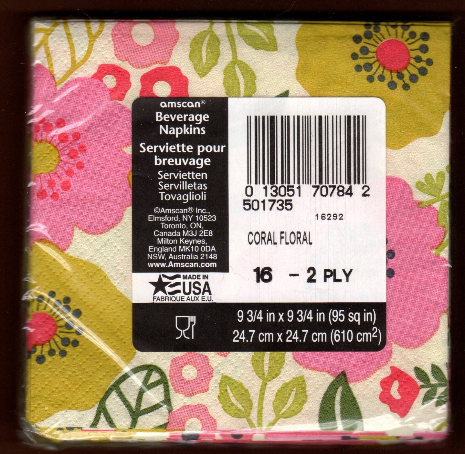 Coral Floral Party Napkins, Pink Flowers 16 Pc Beverage Size All Occasion Amscan