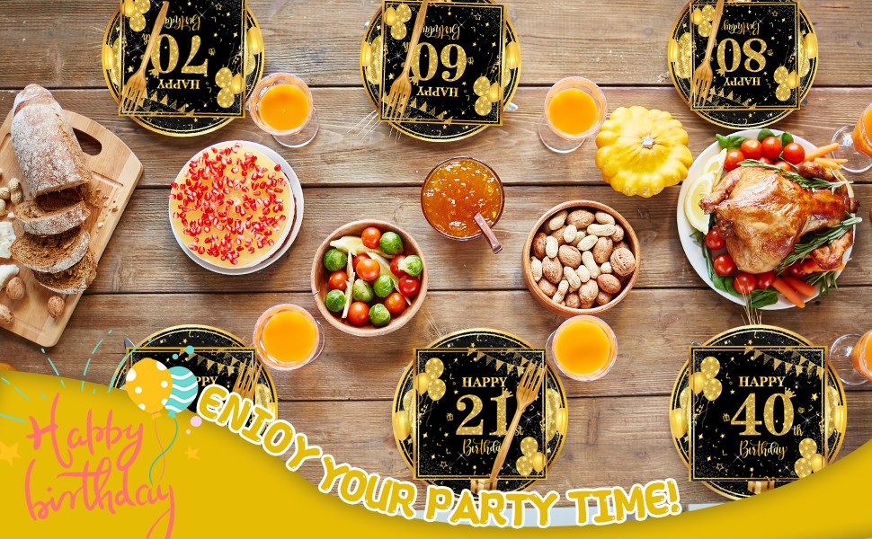 70th 7 inch Birthday Party Paper Plates and Napkins Forks 60 pcs Black Gold