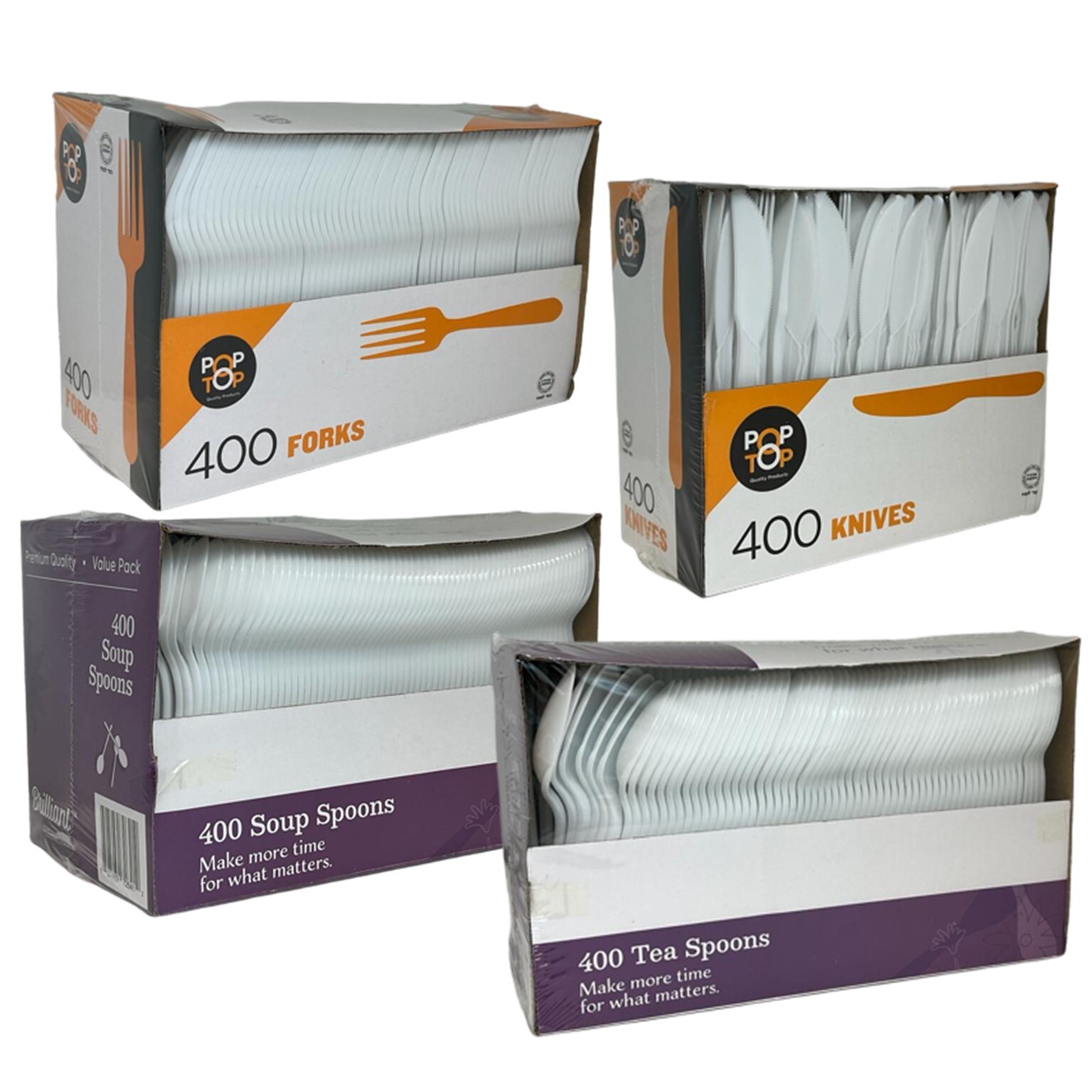 Disposable, Durable Heavy Duty Plastic White | Pack of 400 Forks & Soup Spoon