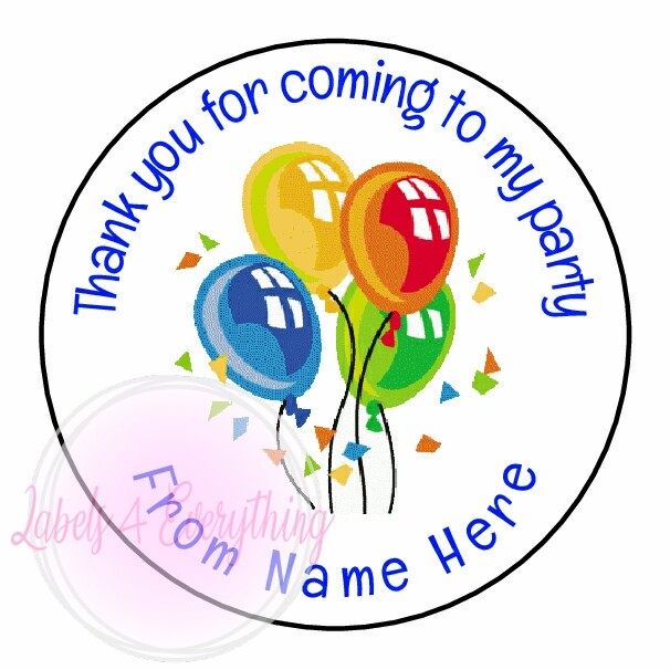 Personalised Balloon Party Stickers Thank You Sweet Cones Blue Text Kids Child