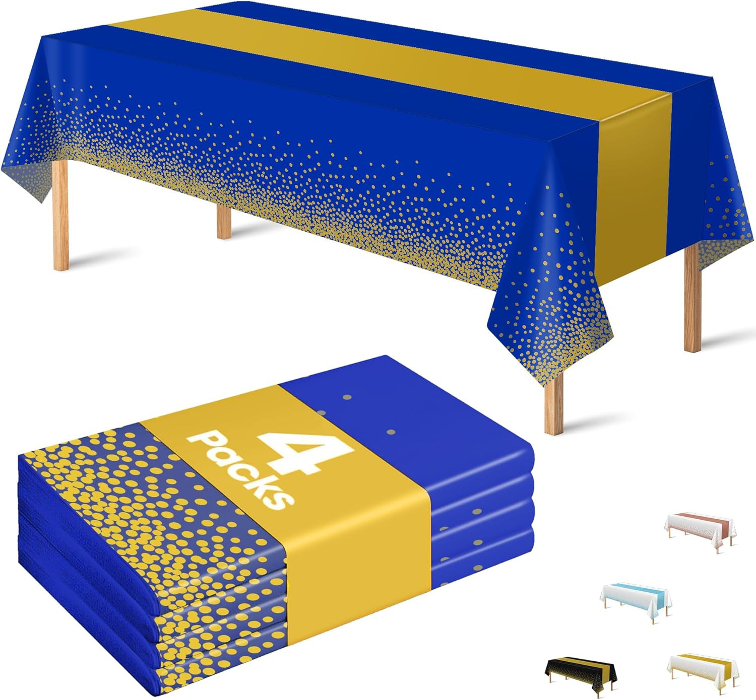 4pc Disposable Plastic Table Cloths for Parties, Royal Blue & Gold Table Covers