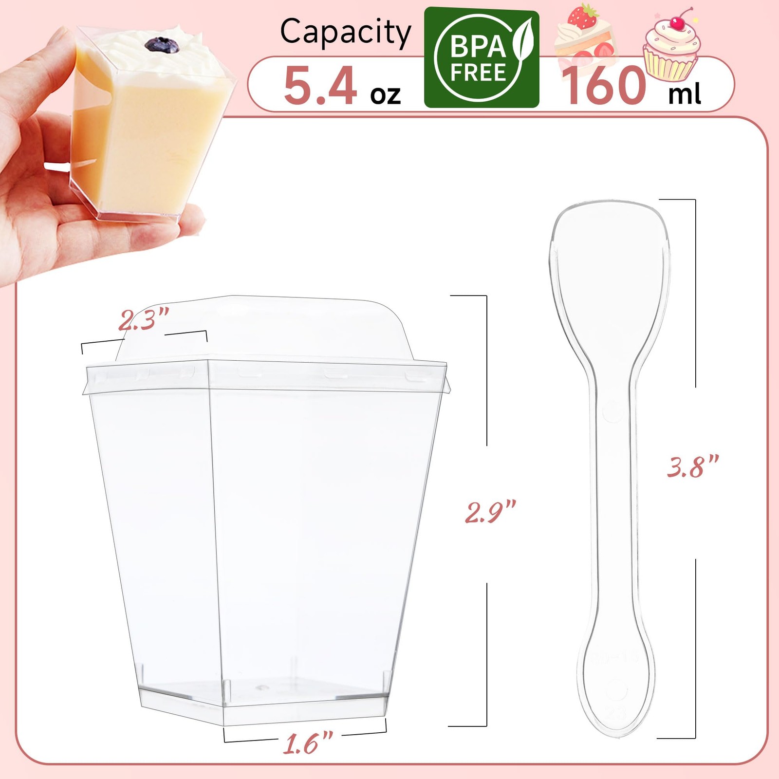 300 PCS 5.4 oz Clear Square Mini Dessert Cups Lids Spoons Small Plastic Bowl