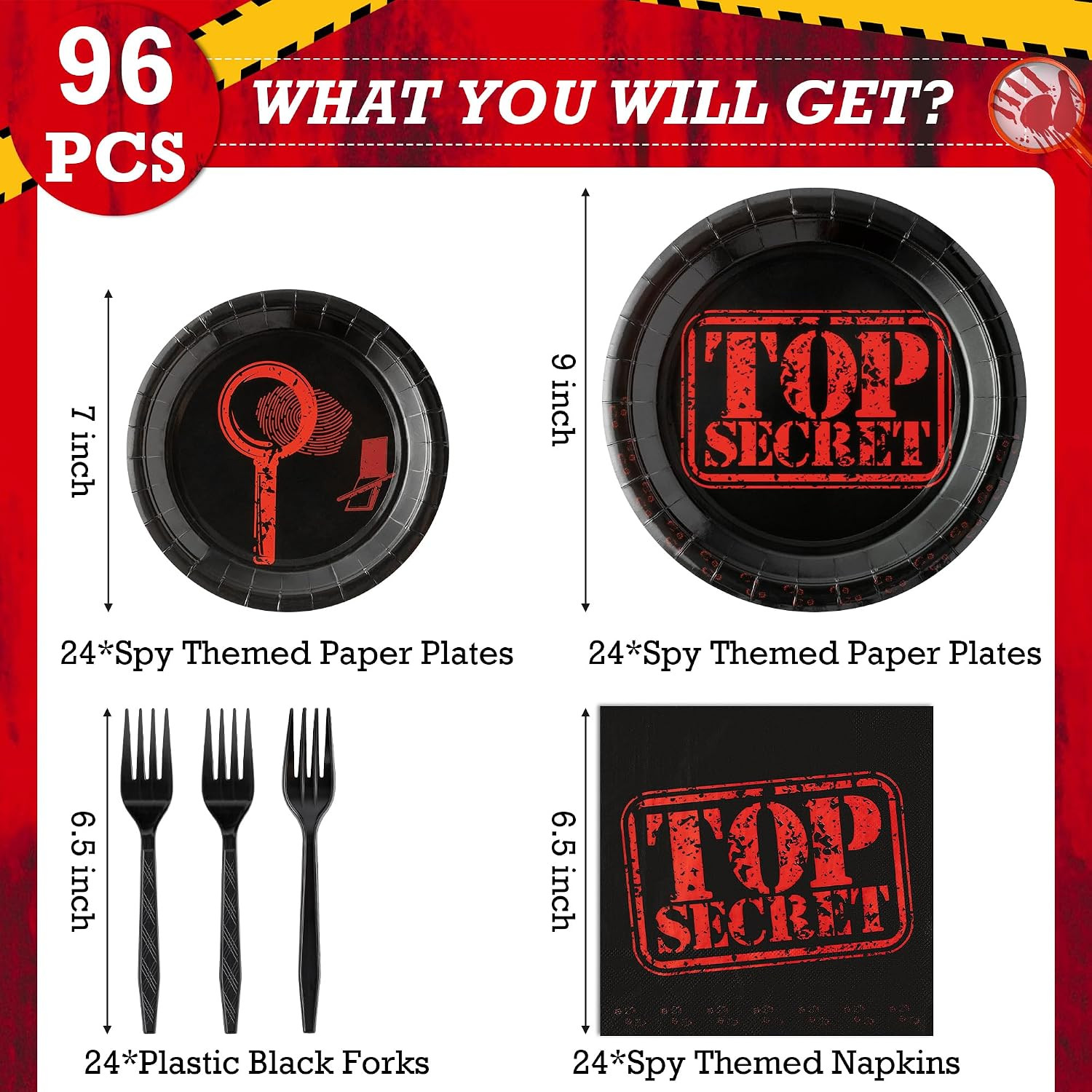 96Pcs Top Secret Party Plates Supplies Secret Agent Spy Detective Party Tablewar