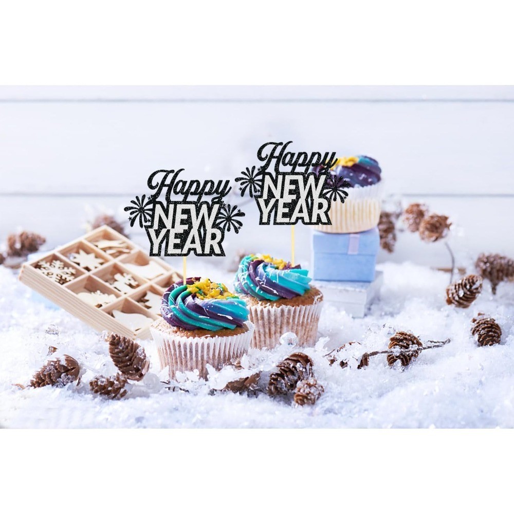 24 PCS Happy New Year Cupcake Toppers, Glitter 2026 Cake Topper for New Years