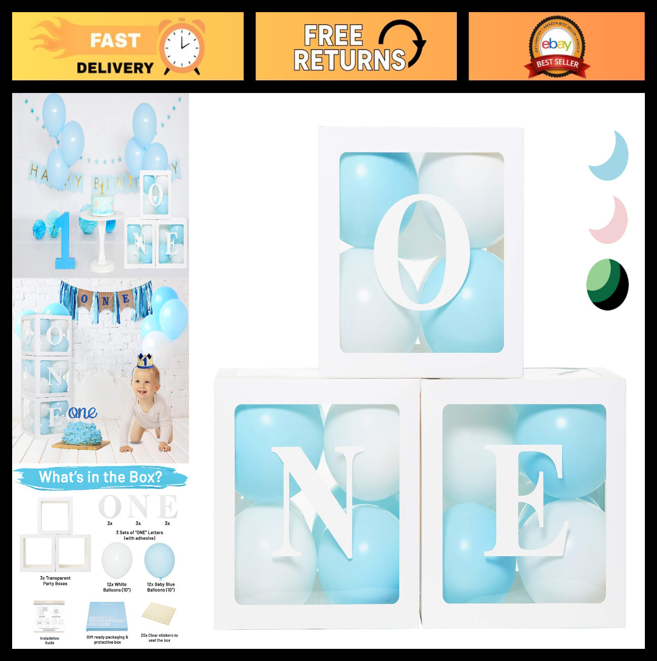 1st Birthday ‘ONE’ Boxes & 24 Balloons – Boy Cake Smash Props & Backdrop Decor