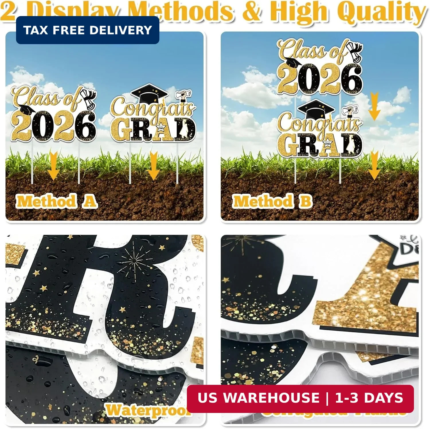 Graduation Yard Signs Class of 2026, 2 PCS Black and Gold 2026 Graduation Decora