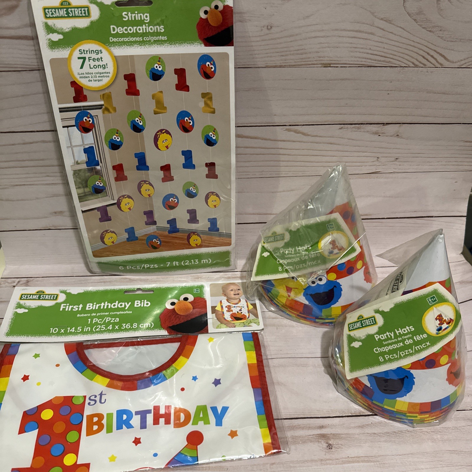 Elmo Turns One Sesame Street 1st Birthday Party Hats Bib And String Decorations