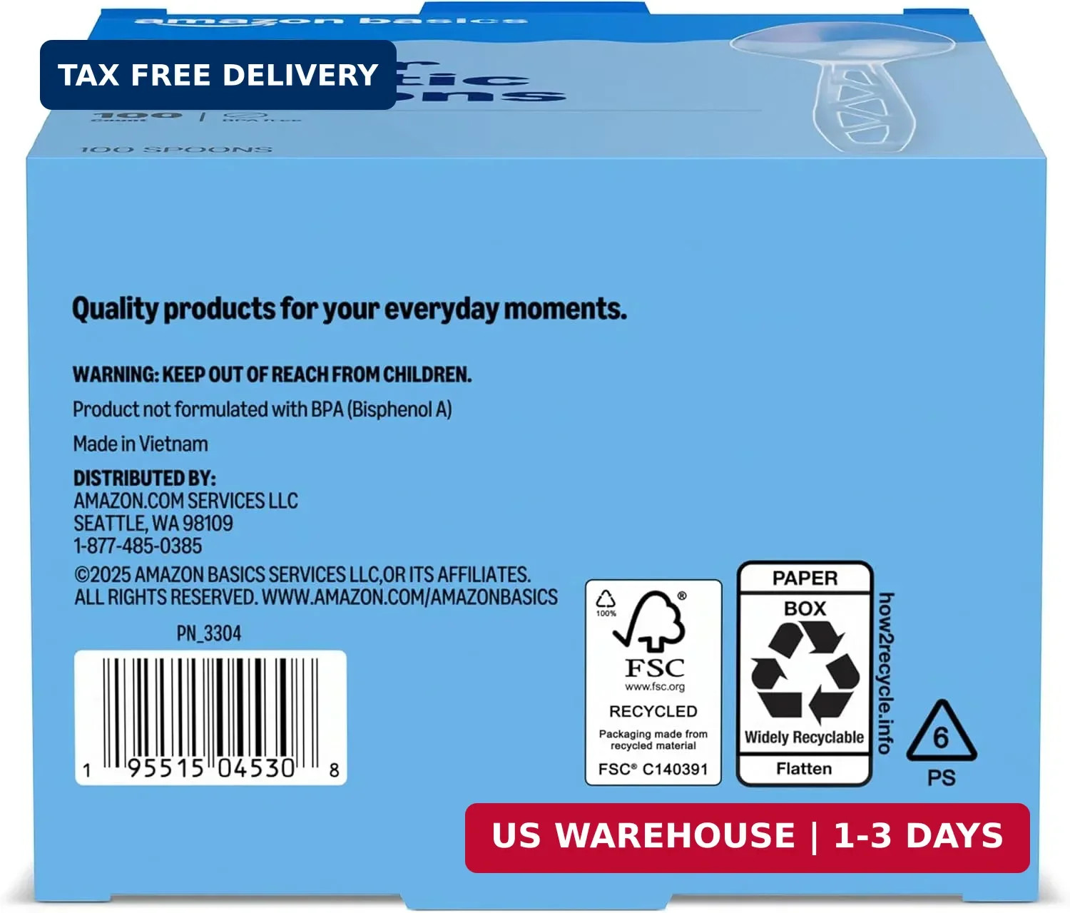 Amazon Basics Disposable Clear Plastic Spoons, Premium Quality, 100 Count, Large