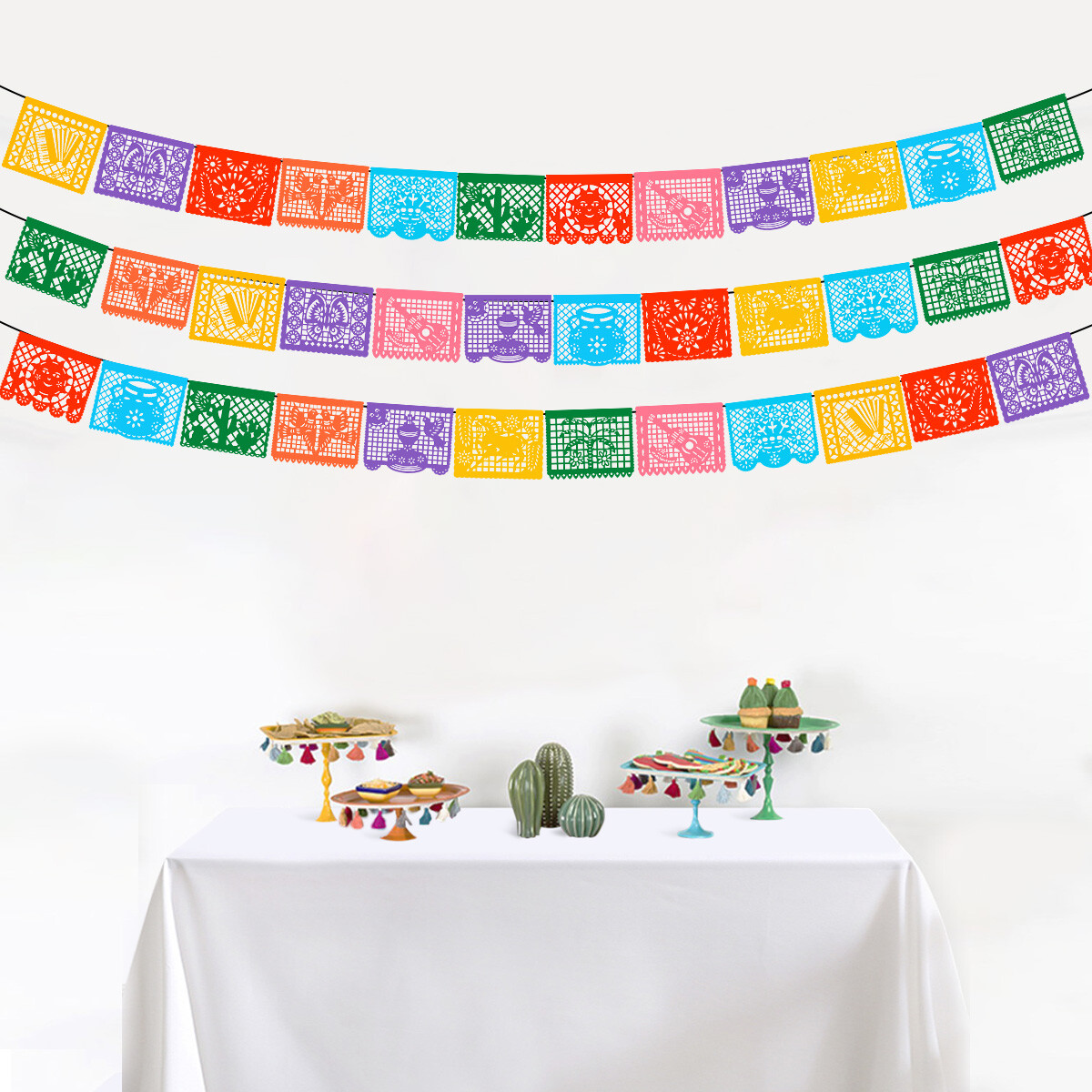3-36Pcs 22FT Mexican Banner Large Plastic Papel Picado Banner Fiesta Party Decor