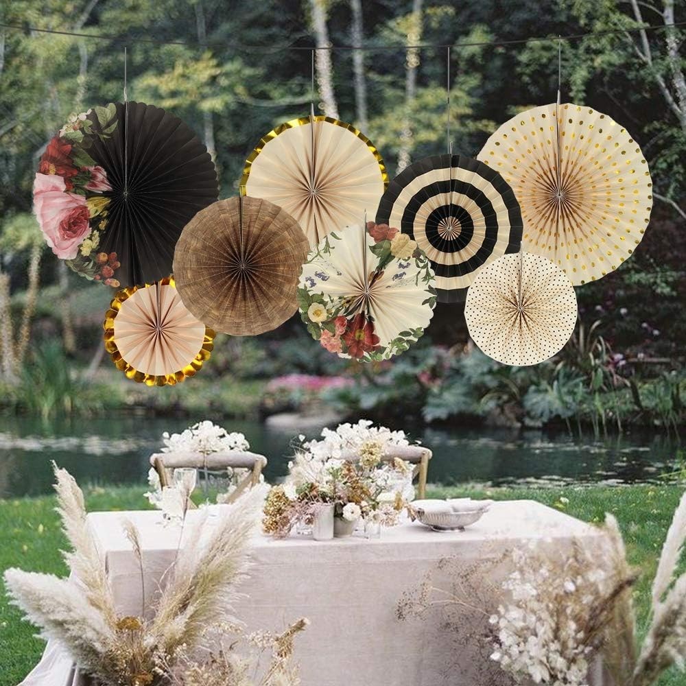 Set of 8 Elegant Hanging Paper Fans for Weddings & Celebrations – Art Deco