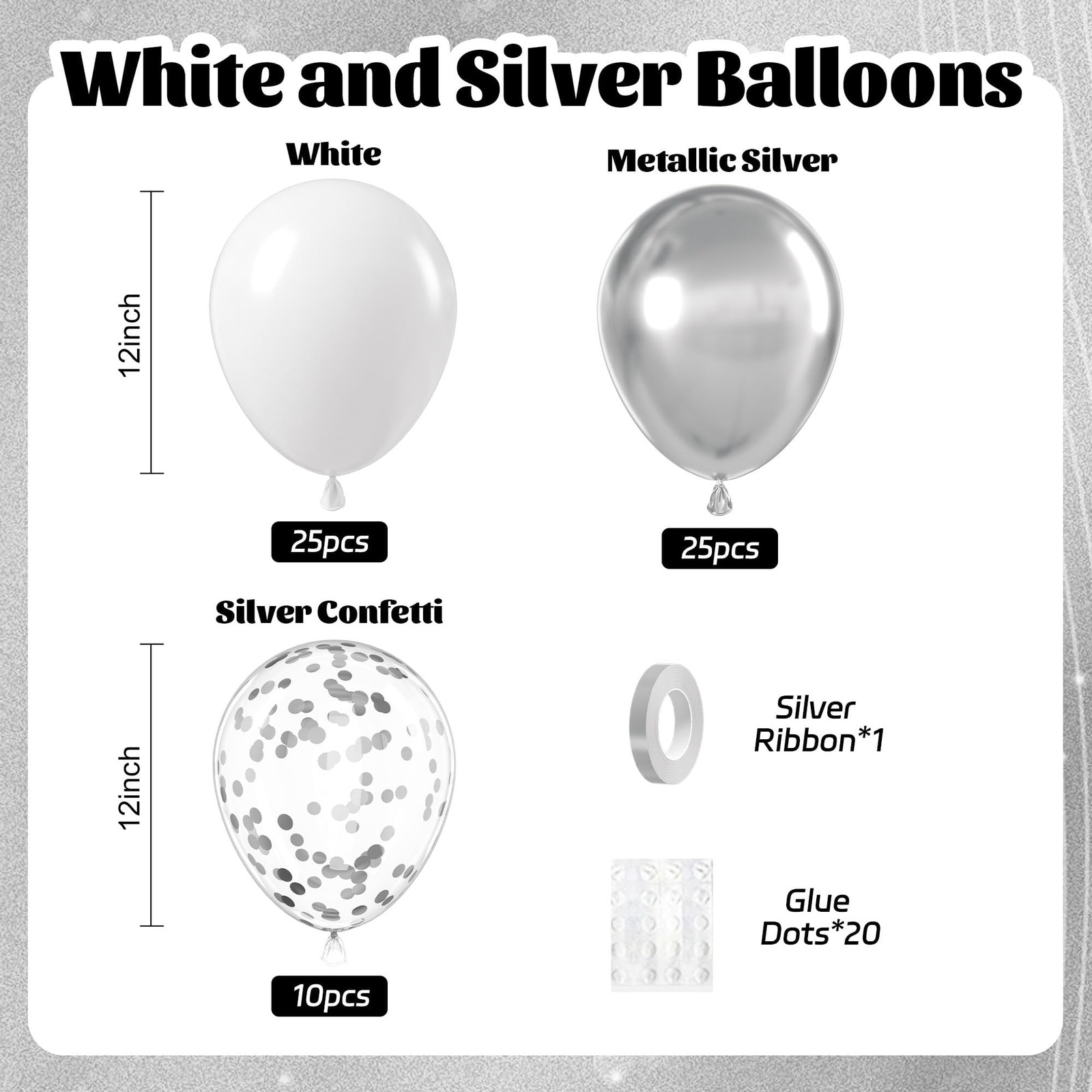 60pcs Silver and White Balloons with Confetti for Birthday and Party Decor
