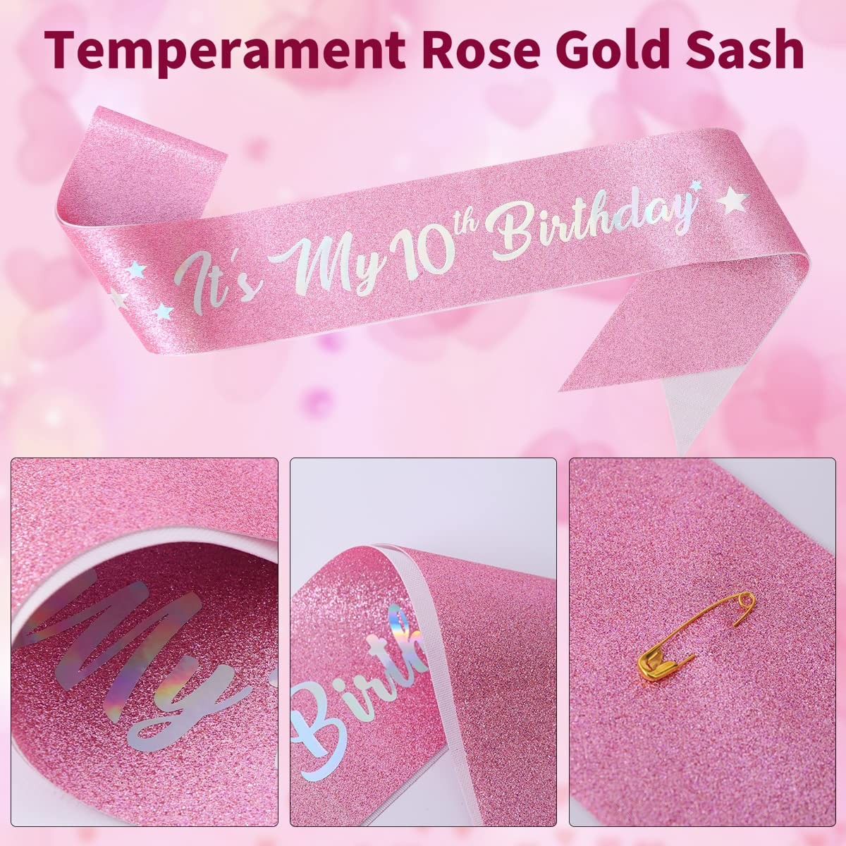 10th Birthday Decorations for Girls,Light Pink Headband Glitter Sash Set for…
