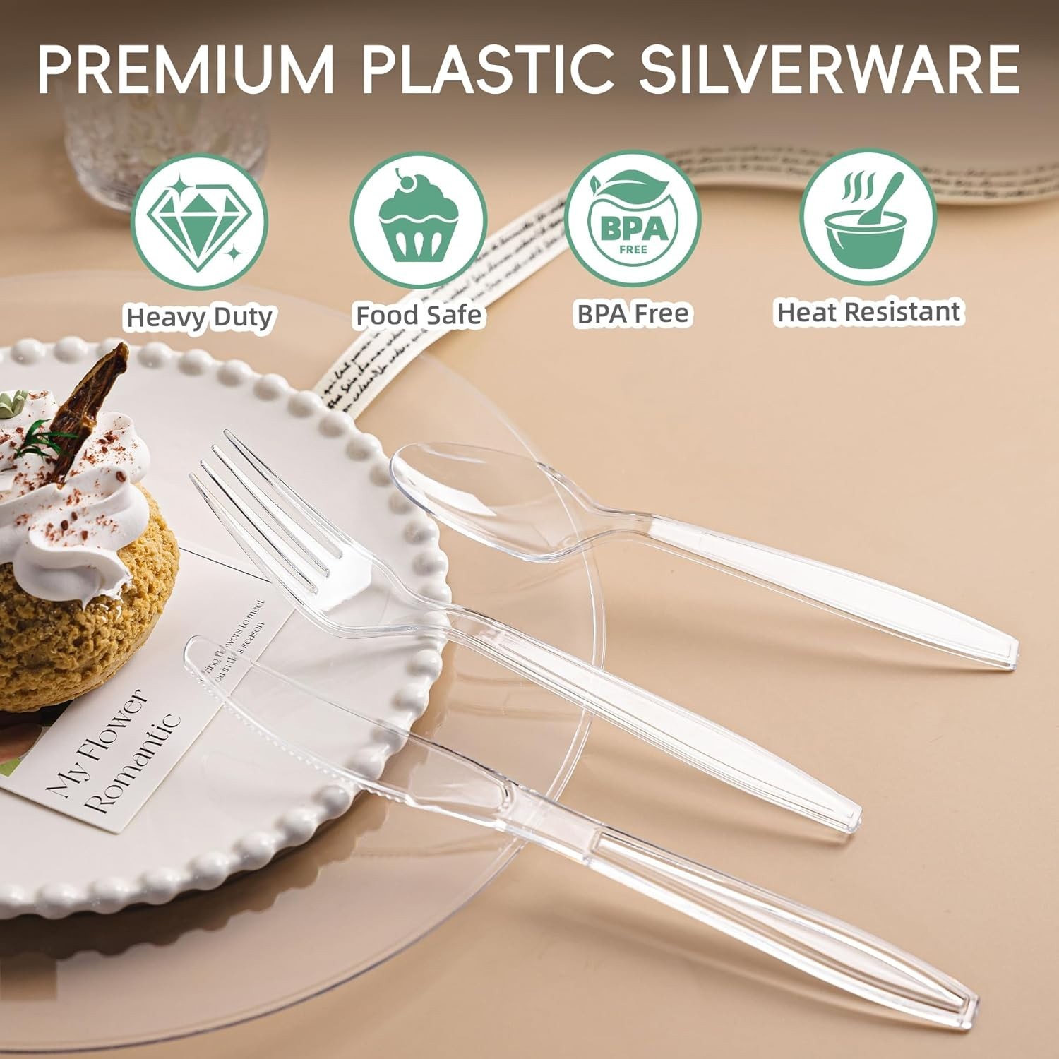 400 Count Heavy Duty Plastic Silverware, BPA-Free, Clear Plastic Cutlery Set,