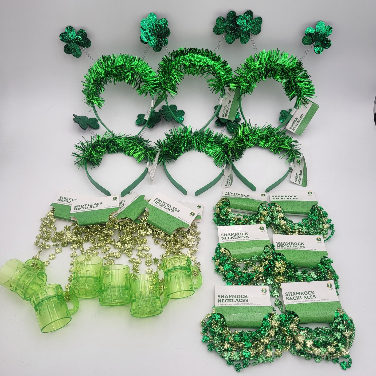 St Patrick’s Day Headbands, Shot Glass, Necklace Shamrock Party Accs. 18 pcs