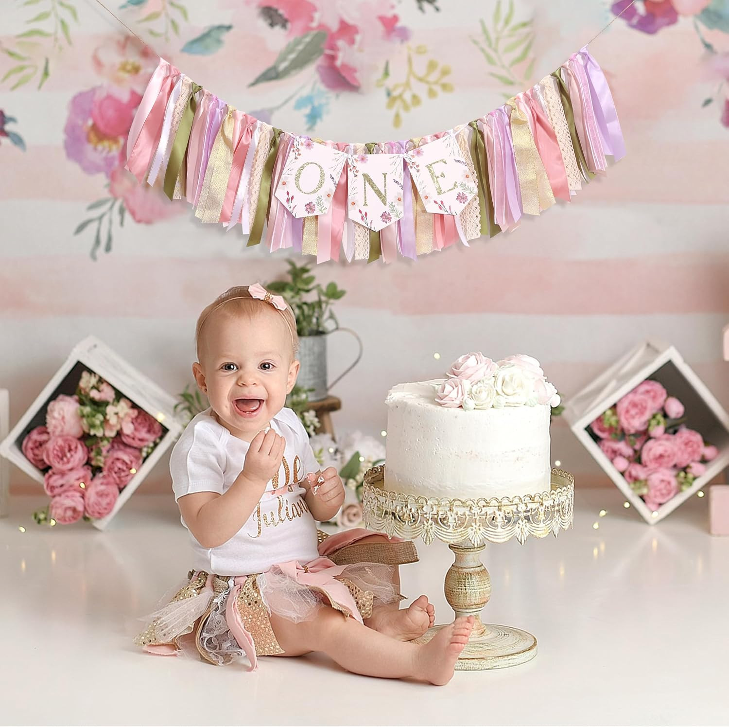 Floral Boho ONE High Chair Banner for Girls 1St Birthday – Pink Wild Flower Firs