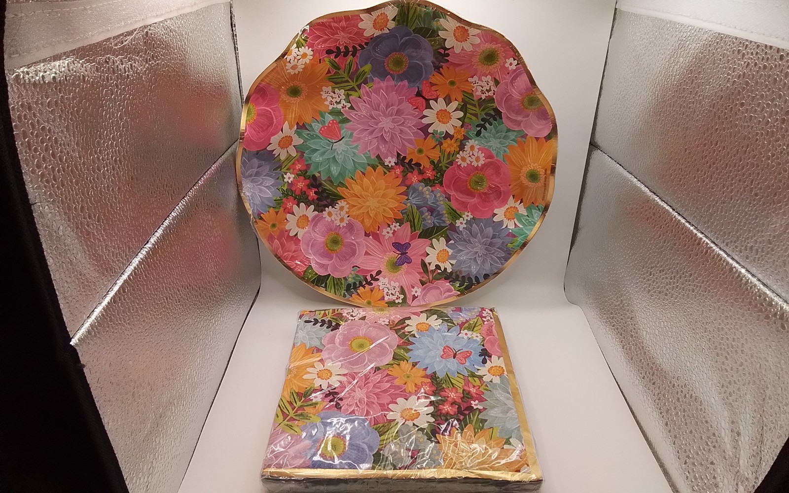 Deep Scalloped Floral All Occasion Disposable Tableware Paper Plates and Napkins
