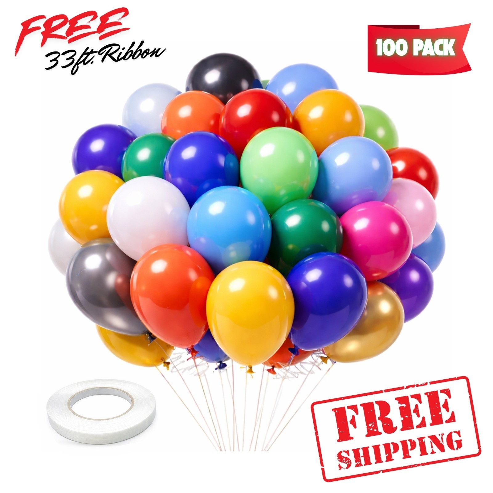 12-In Multicolour Latex Balloons Air Helium Party Decoration W/ Ribbon 100 Pack