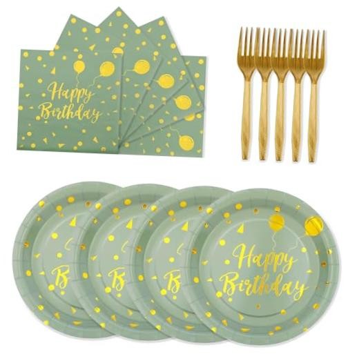 72PCS Happy Birthday Paper Plates – and Gold Tableware Set Include Sage Green