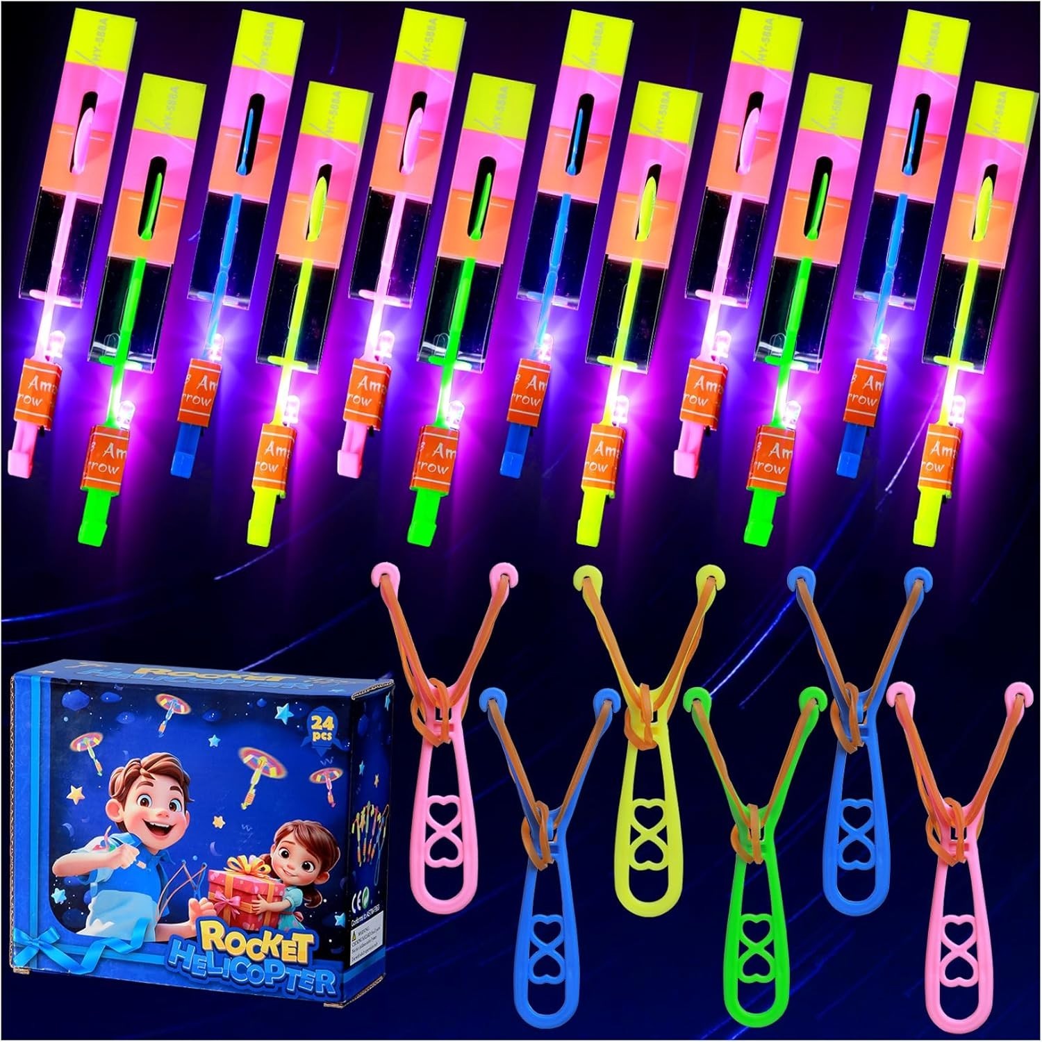 Rocket Slingshot Flying Toys with LED Lights – 24 Pcs Kids Outdoor Game with