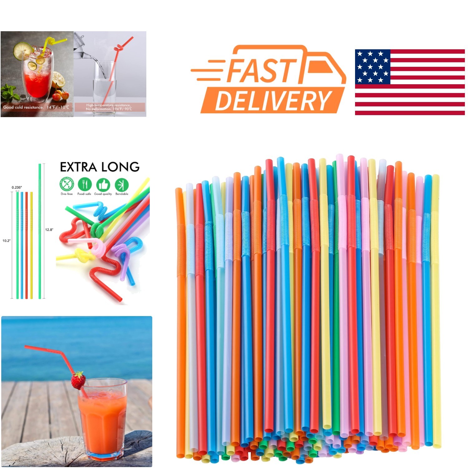 Flexible Bendy Drinking Straws 100 Count 12.8 Inch Long Colorful Polypropylene