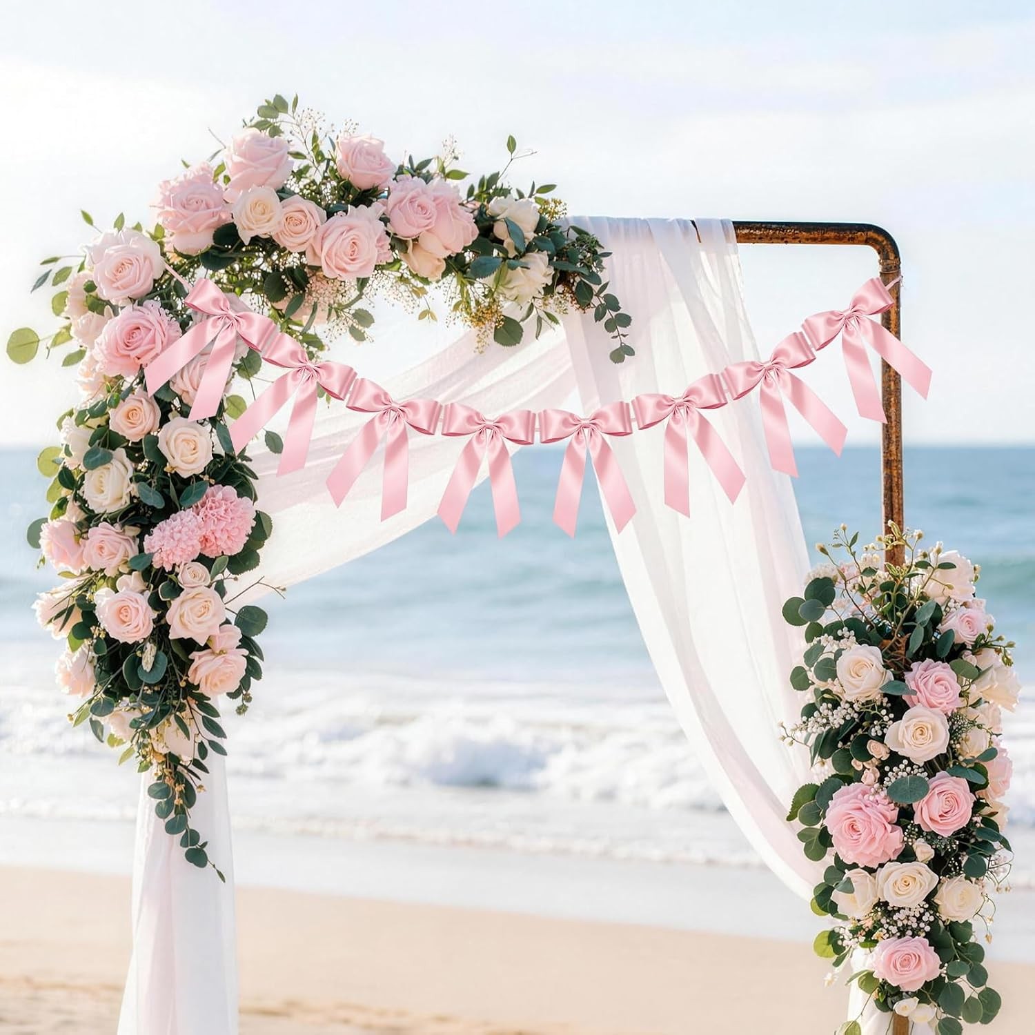 1-String Pink Bow Garland Banner, 8 Pre-Strung Double-Layer Ear Satin Ribbon
