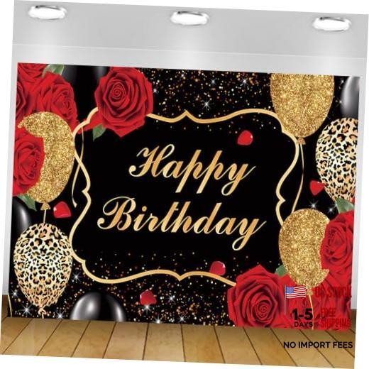 Red Rose Happy Birthday Backdrop Banner for Women Red Black and Gold 7x5Ft red