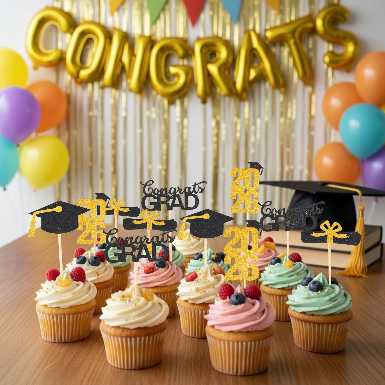 2026 Graduation Cupcake Toppers 24 PCS Glitter Gold Congrats Grad Cap Picks