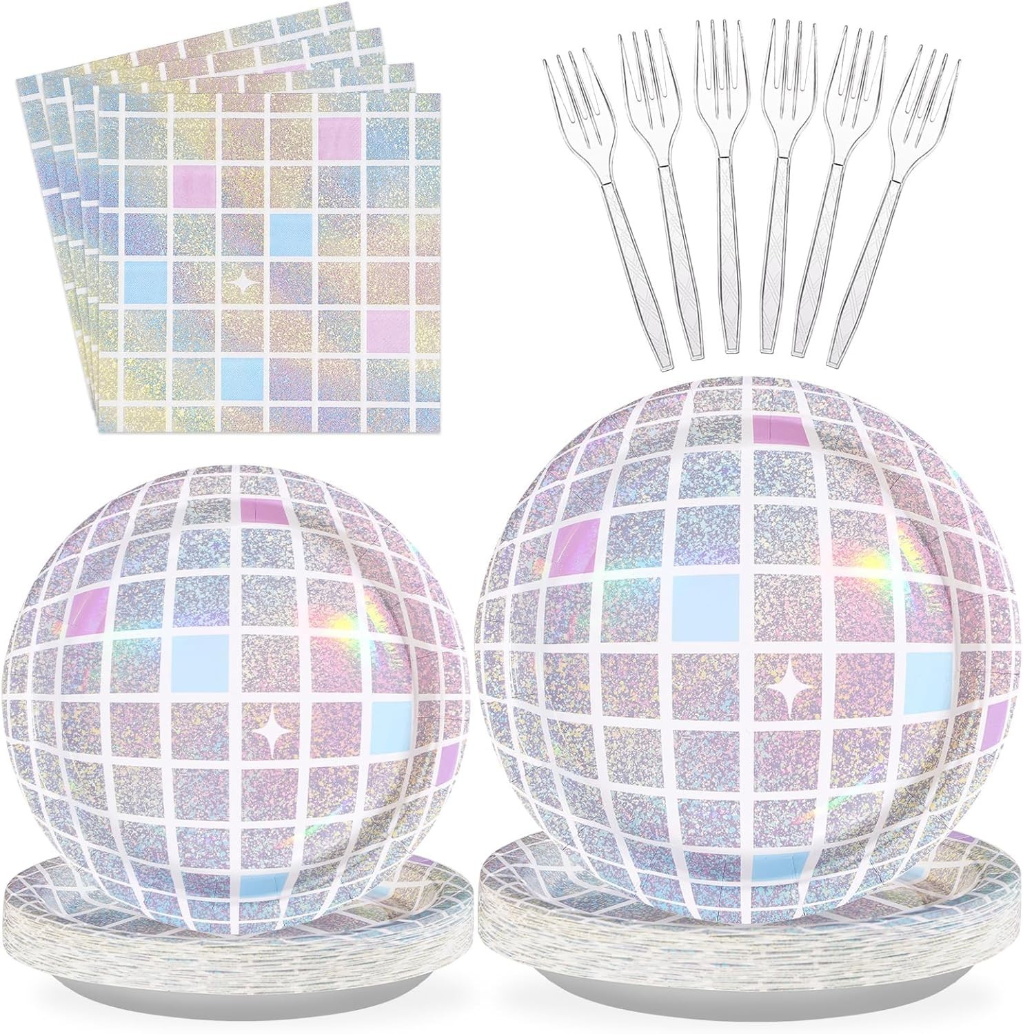 96 Pcs Pink Silver Disco Ball Party Plates Napkins Tableware Set Serves 24