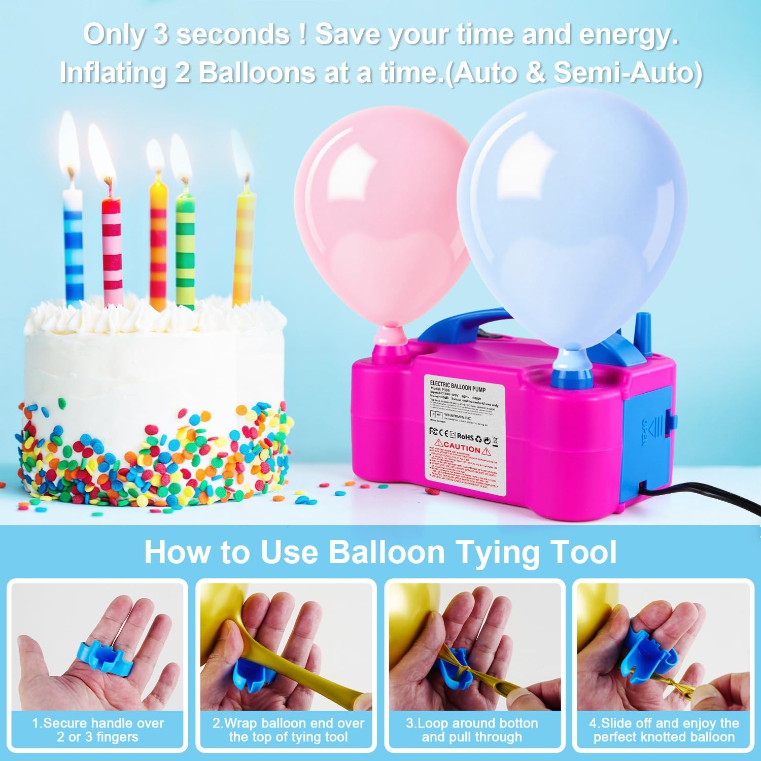Electric Balloon Pump with Dual Nozzle, Rose Red